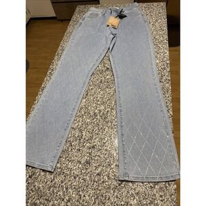 Love Cult Light Denim Jeans Straight Leg High Rise S Small Lattice Sequins Front